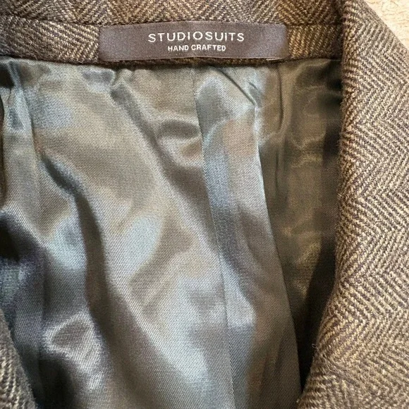 StudioSuits Herringbone Tweed Blazer Wool Sport Coat Custom Tailored Olive Brown
